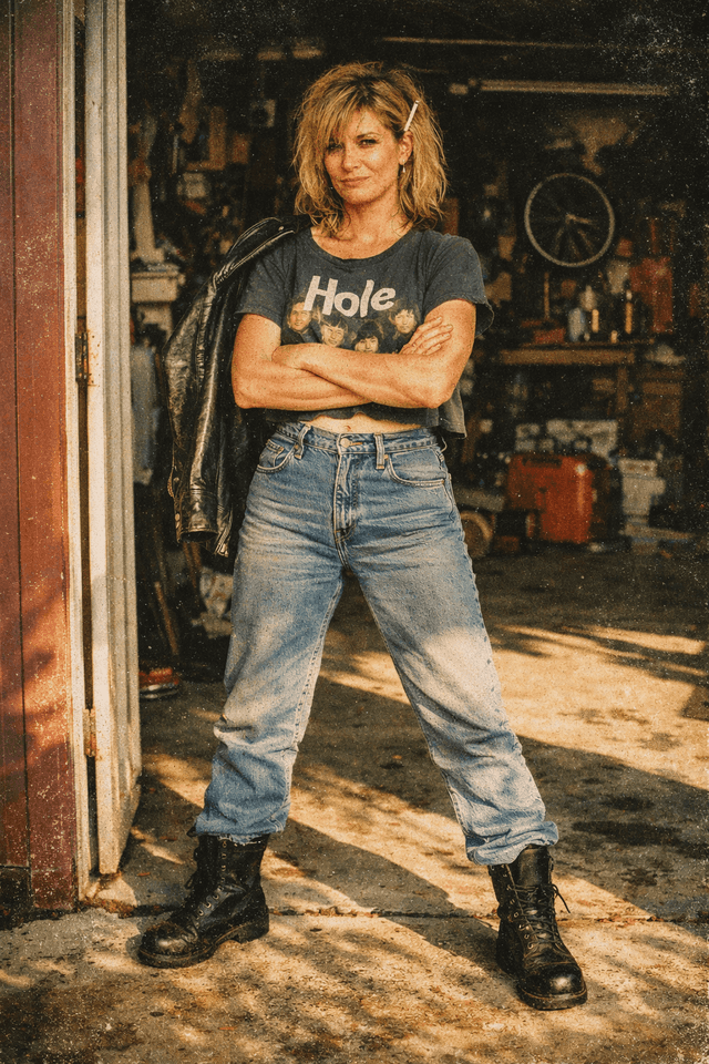 The Cigarette Mom archetype — band tee, combat boots, attitude
